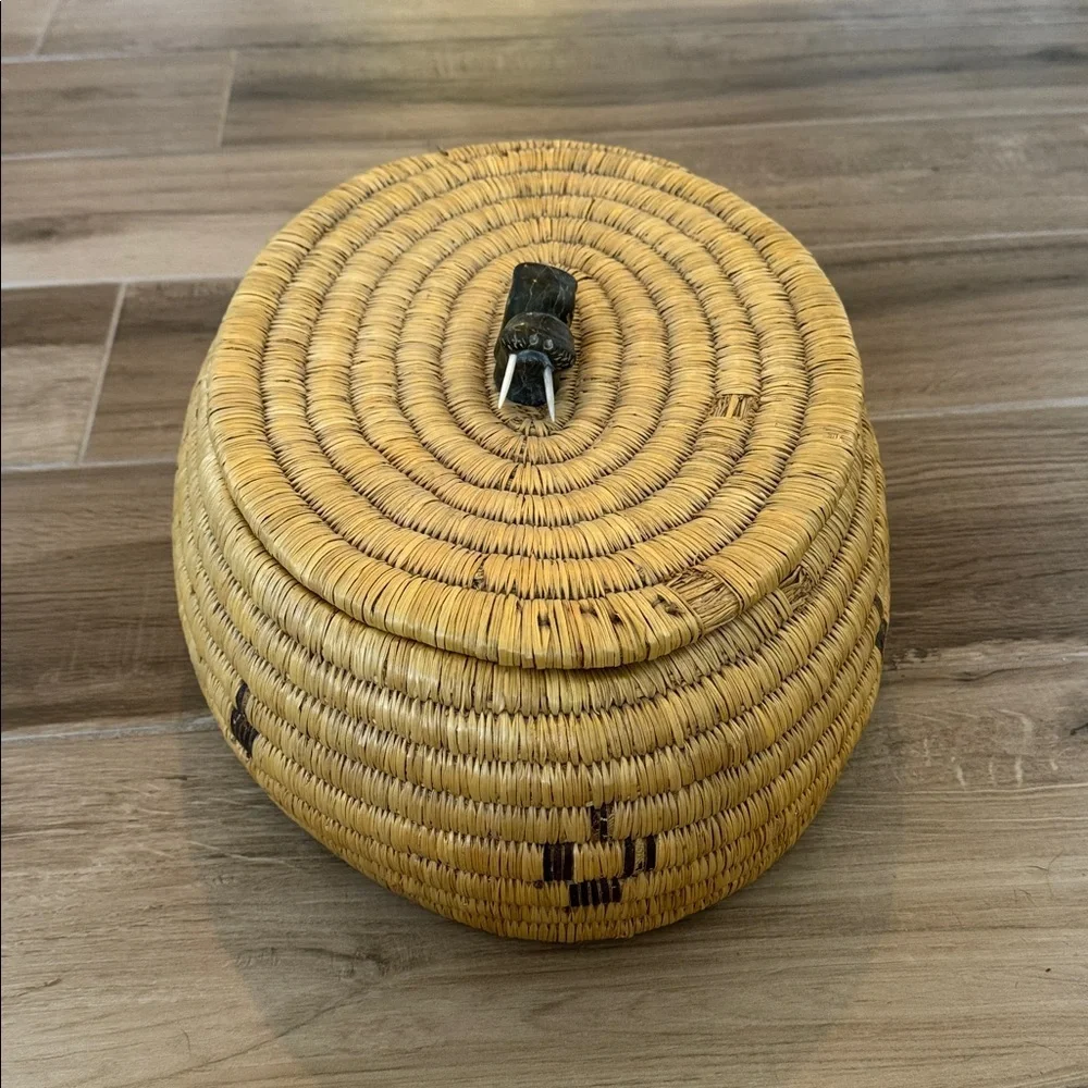 Inuit coil Lyme sea grass woven double soapstone walrus with tusks lid handle